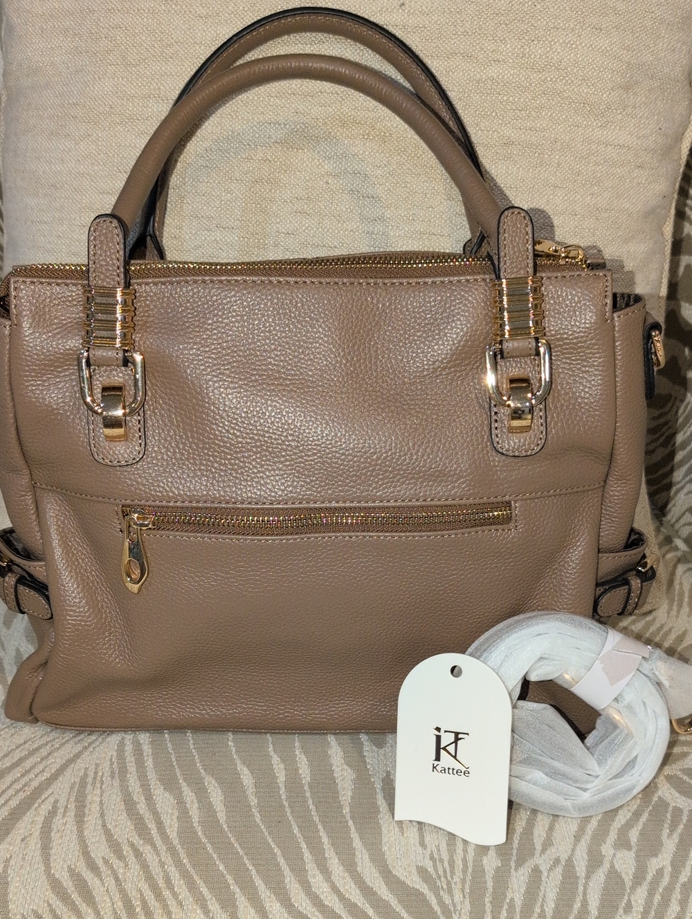 Kattee Taupe Leather Satchel With Crossbody Strap NWT